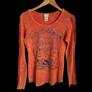 Daytrip Buckle Medium Orange Thermal Graphic Top Crochet Sleeve‎ Young N Free